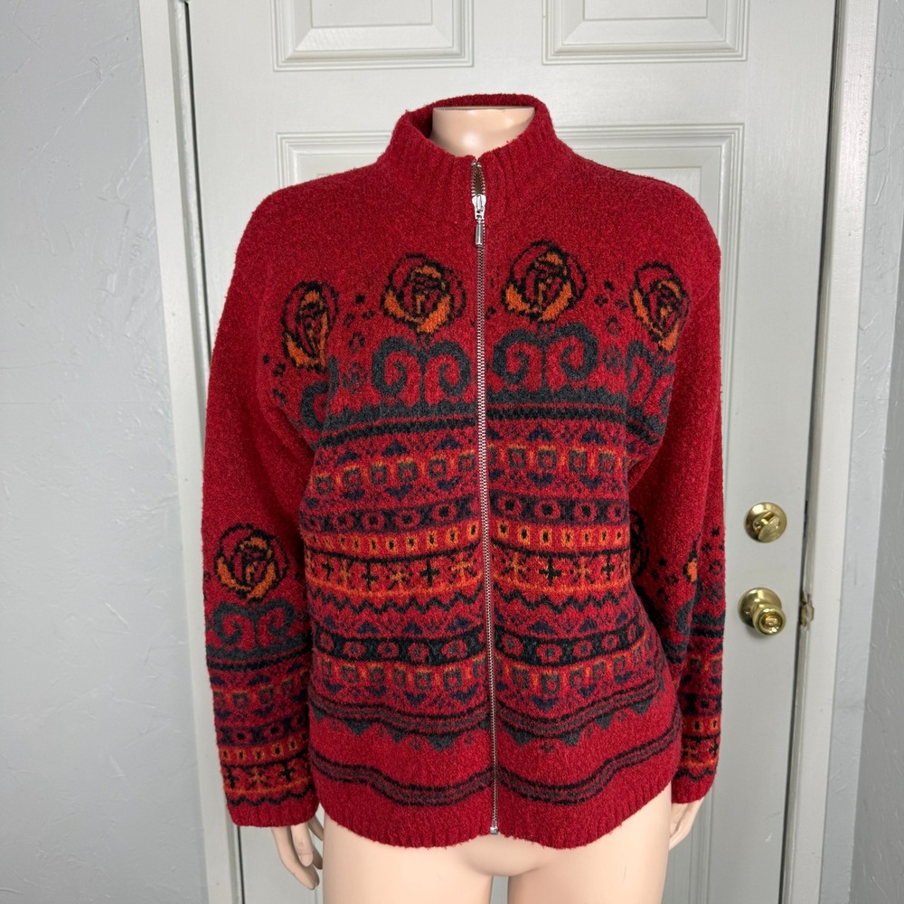 Harley Of Scotland Women's Sweater L Merino Wool Cardigan Zip Floral Knit C3-24